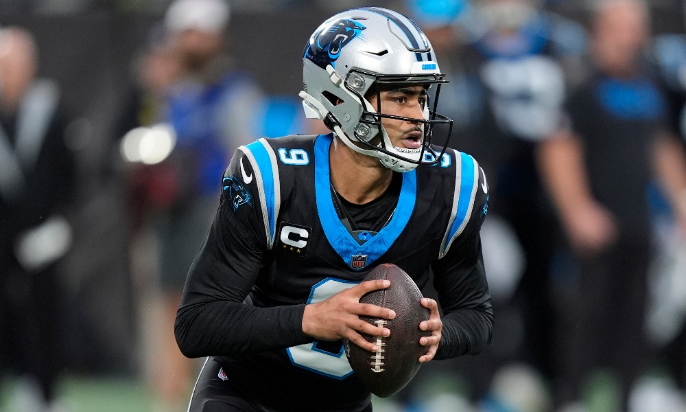 Carolina Panthers quarterback Bryce Young drops back to pass against the Los Angeles Rams