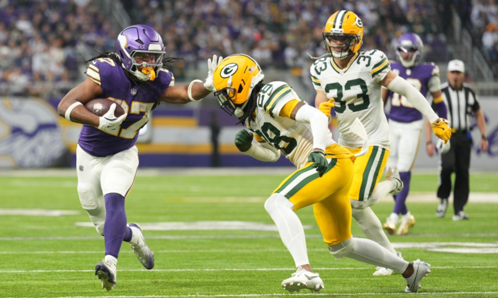 Green Bay Packers defensive back Trevon Diggs makes a tackle against the Minnesota Vikings