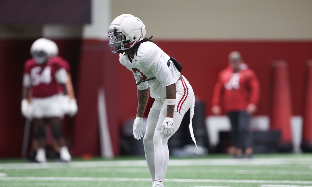 Alabama safety Keon Sabb (No. 3) in spring practice for the Crimson Tide.