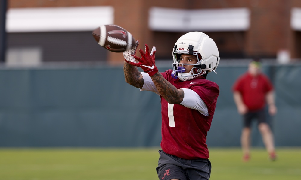 Alabama WR Ryan Coleman-Williams (#1) catching a pass in spring practice.