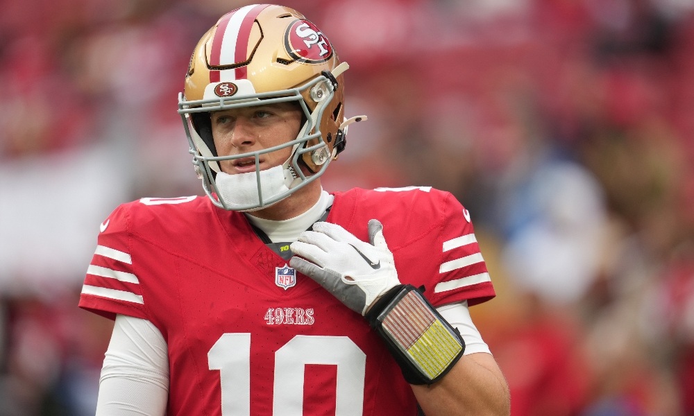 San Francisco 49ers quarterback Mac Jones (10) warms up prior to the first half against the Tennessee Titans at Levi's Stadium