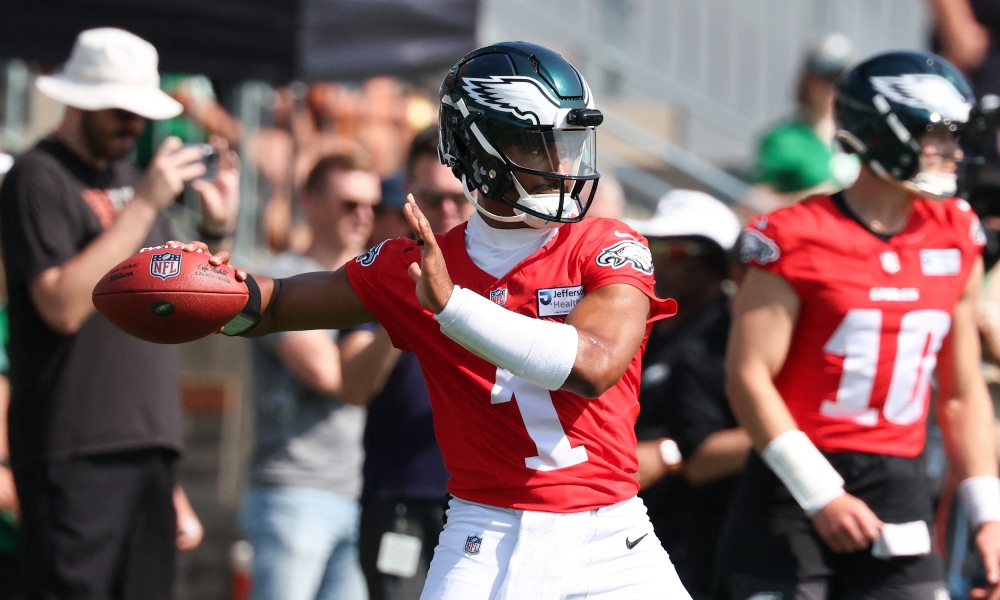 Philadelphia Eagles quarterback Jalen Hurts throws a pass at training camp.